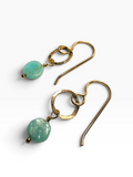 A pair of gold-tone dangle earrings with irregular light green stone beads, displayed on a clean white background.