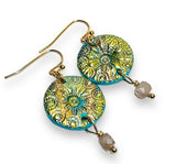 Polymer Clay Earrings/ Affordable Gifts - medallion pattern disk with moonstone square drop.