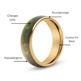 Ring with green and gold design, labeled features on a white background