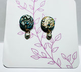 Polymer Clay Earrings/ clay disk studs in blue and gold with heart charms
