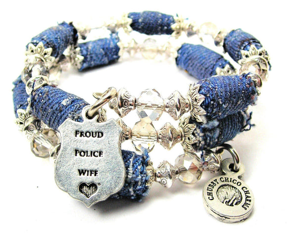 Proud Police Wife Blue Jean Beaded Wrap Bracelet Proud Wife - Janine Design