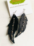 Leather Feather Earrings, Black leather Earrings, Feather Earrings, - Gemstone and Chain Accent