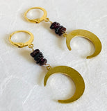 Moon Earrings/Brass Gemstone Moon Earrings/Golden Moon Earrings - Garnet Moon Earrings