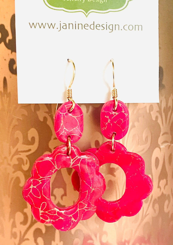 Polymer Clay Earrings, Silkscreened Earrings, Floral Earrings, Pink Earrings - Janine Design