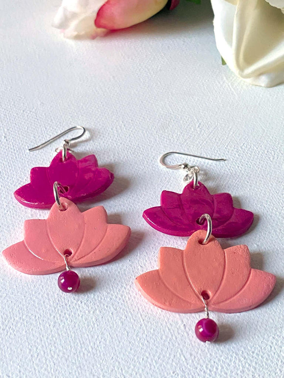 Pink Lotus Earrings/ Two tone earrings/Silver and Clay Earrings - Janine Design