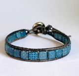 Tile Leather Cuff, Leather Cuff Bracelets, Printed Tile Cuff -blue