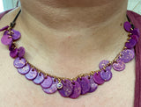 Polymer Clay Disk Necklace, Purple Disk Necklace -shown on neck