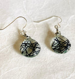 Quartz earrings, Quartz Doublet Earrings, black design inside clear quartz teardrop beads on french hook earwires.
