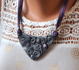 Swirl Purple Bib Necklace, Purple Necklace, Polymer Clay Necklace, Silk jewelry, Purple Jewelry, Shown on Mannequin