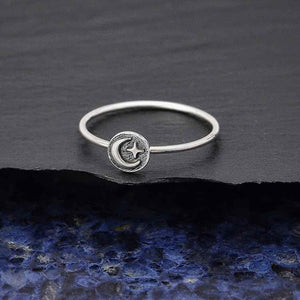 Sterling Silver Raised Moon and Star Stacking Ring, Moon and Star Ring - Janine Design