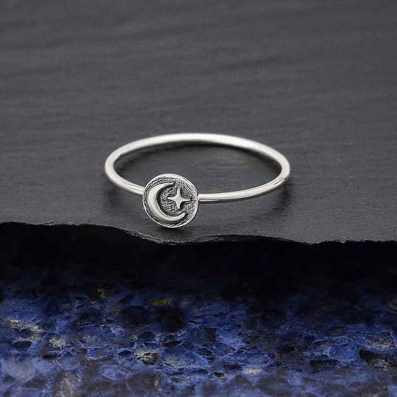 Sterling Silver Raised Moon and Star Stacking Ring, Moon and Star Ring - Janine Design