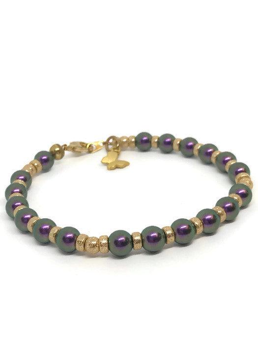 Gold filled beads and Purple Swarovski Pearl Bracelet with Butterfly