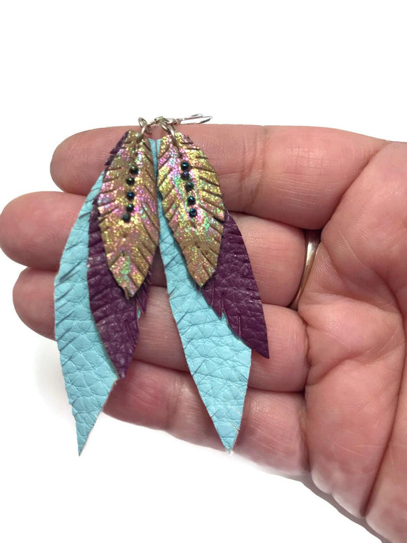 Vegan Leather Feather Earrings, Blue and Gold Earrings