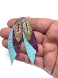 Vegan Leather Feather Earrings, Blue and Gold Earrings