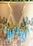 Golden/Blue Chandelier Earrings, Beaded Earrings, Blue Beaded Earrings - Janine Design