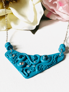 Steampunk Necklace, Aqua Statement Necklace, Polymer Clay Bib Necklace, Aqua Blue Color Necklace, Blue Necklace, Tentacle Necklace - Janine Design