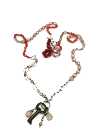 Key Necklace, Old Key, Quartz Necklace, gemstone Necklace, Bronze Necklace, Pink Necklace, Boho Necklace, bohemian Style, Pink - Janine Design