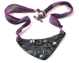 Swirl Purple Bib Necklace, Purple Necklace, Polymer Clay Necklace, Silk jewelry, Purple Jewelry, Statement jewelry - Janine Design