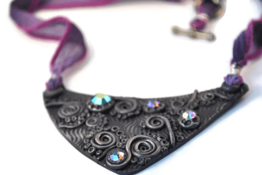 Swirl Purple Bib Necklace, Purple Necklace, Polymer Clay Necklace, Silk jewelry, Purple Jewelry, Statement jewelry - Janine Design