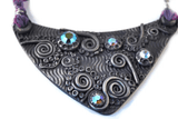 Swirl Purple Bib Necklace, Purple Necklace, Polymer Clay Necklace, Silk jewelry, Purple Jewelry, Statement jewelry - Janine Design