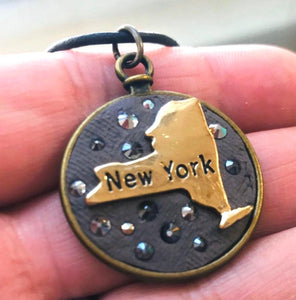 NY Necklace/Empire State/ State Crystal Mosaic/Vintage Brass Stamping Necklace in Leather Cord/Boho/Travel/Big Apple/State/Destination - Janine Design