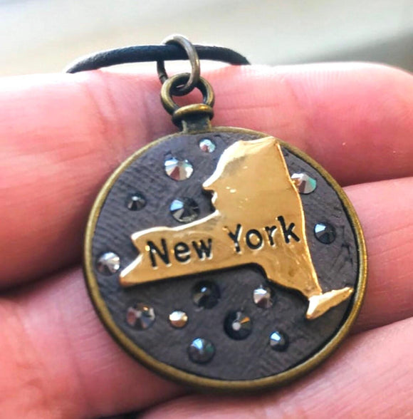 NY Necklace/Empire State/ State Crystal Mosaic/Vintage Brass Stamping Necklace in Leather Cord/Boho/Travel/Big Apple/State/Destination - Janine Design