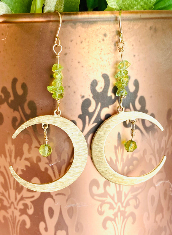 Moon Earrings/Brass Gemstone Moon Earrings/Golden Moon Earrings - Janine Design