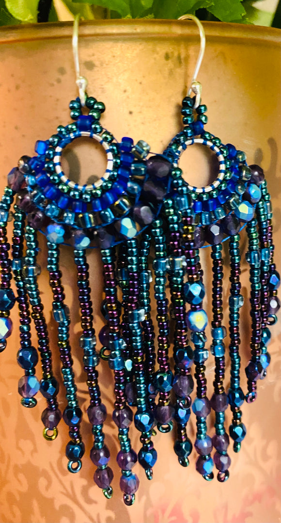 Dangle Hoop electric Blue Earrings, Blue Earrings, Blue Beaded Earrings-Uni-T