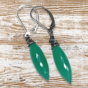 Green Onyx Drop Earrings, Spike Earrings - Janine Design
