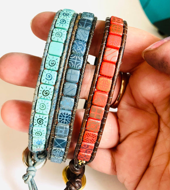 Tile Leather Cuff, Leather Cuff Bracelets, Printed Tile Cuff - Janine Design