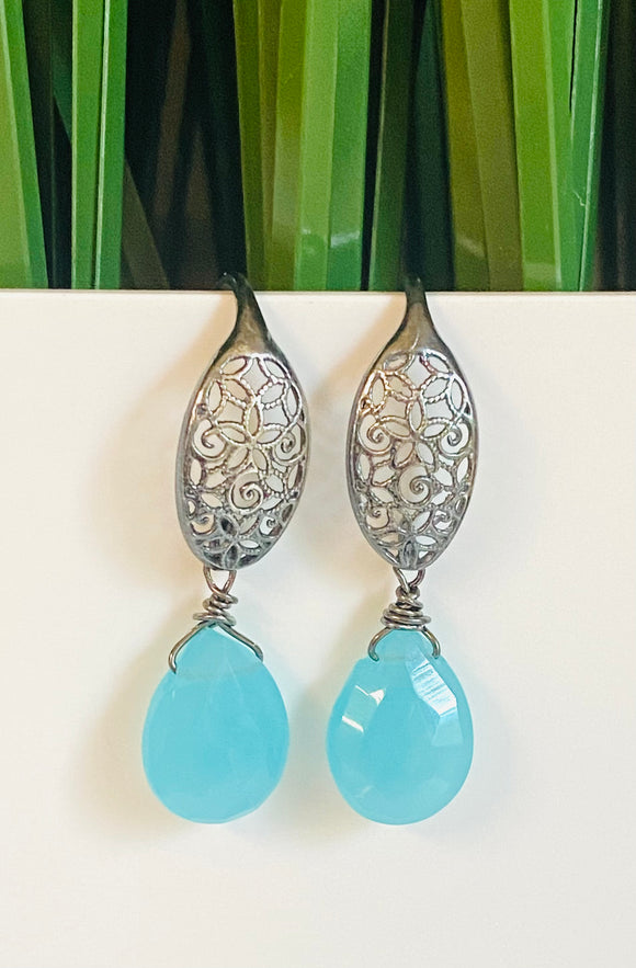 Filigree Chalcedony Earrings, Ocean Blue Gemstone Earrings - Janine Design