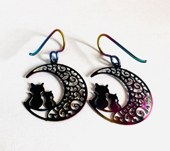 Cat Colorful Earrings/Mom Earrings/ Family Earrings / Cat and Moon/Niobium
