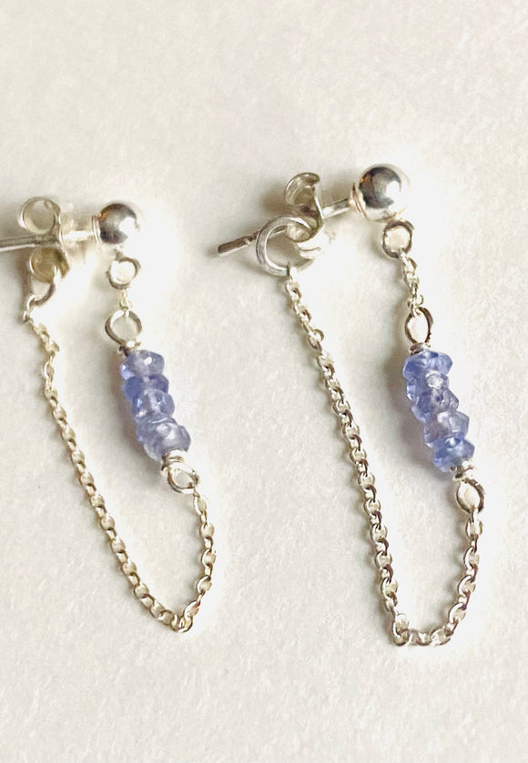 Chain Loop Earrings-Iolite Gemstone Earrings, Modern Chain Earrings,