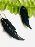 Leather Feather Earrings, Black leather Earrings, Feather Earrings, - Janine Design