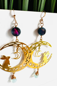 Rabbit Moon Earrings/Gemstone Rabbit Earrings - Janine Design