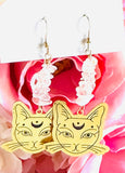 Brass Cat Gemstone Earrings/kitty Earrings /Natural Gemstone