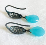 Filigree Chalcedony Earrings, Ocean Blue Gemstone Earrings - Janine Design