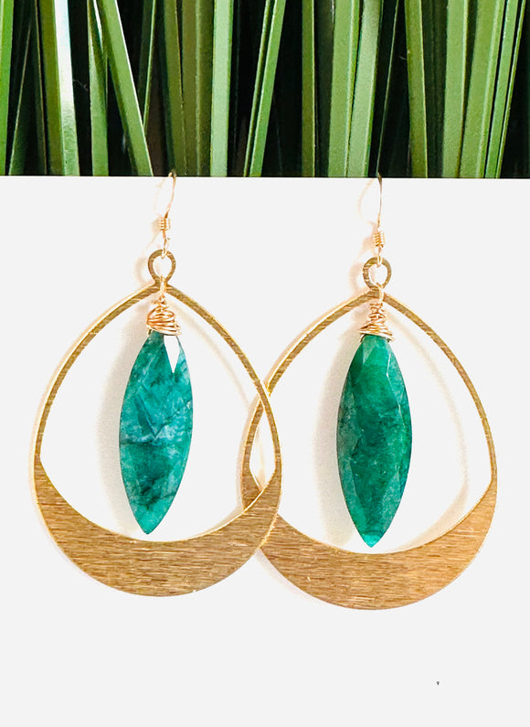 Brass Hoop Gemstone Earrings/Teardrop Earrings /Natural gemstone/Green and gold