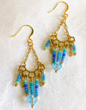 Golden/Blue Chandelier Earrings, Beaded Earrings, Blue Beaded Earrings - Janine Design