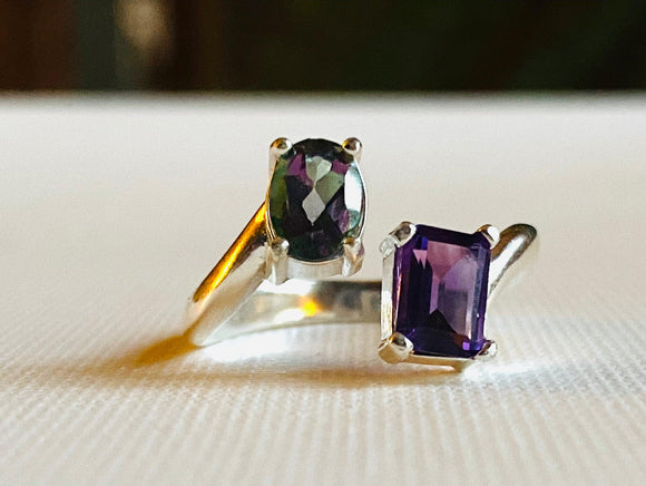 Mystic Topaz/ Amethyst Bypass Ring/ Size 8 Gemstone Ring /November Birthstone/ February Birthstone - Janine Design