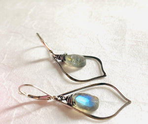 Labradorite Hoop Gemstone And Silver Wrapped Earrings, Chalcedony Gemstone - Janine Design