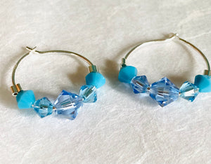 Blue Crystal Hoops, Sparkle silver hoops, Blue Earrings